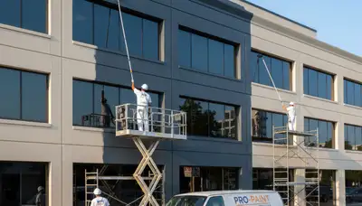 Professional commercial painters coating office exterior in San Francisco, CA for durable, weather-resistant finish