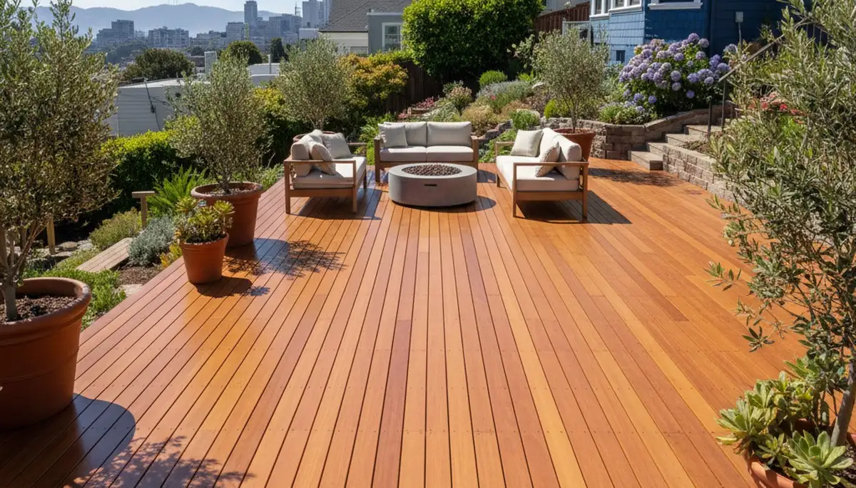 Finished deck staining in San Francisco, CA highlighting rich wood tone and weather-protective finish