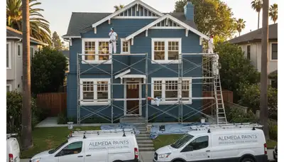 Professional house painters working on exterior home repaint in San Francisco, CA