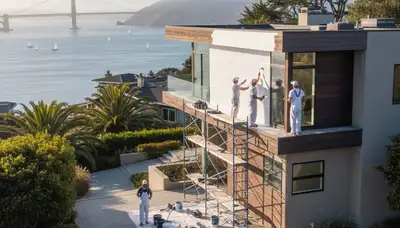 Professional house painters working on exterior home repaint in San Francisco, CA