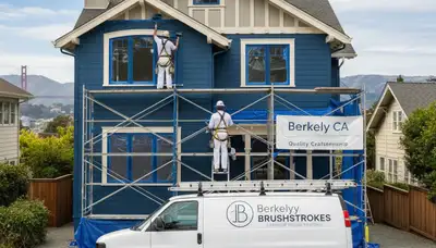 Professional house painters working on residential exterior in San Francisco, CA