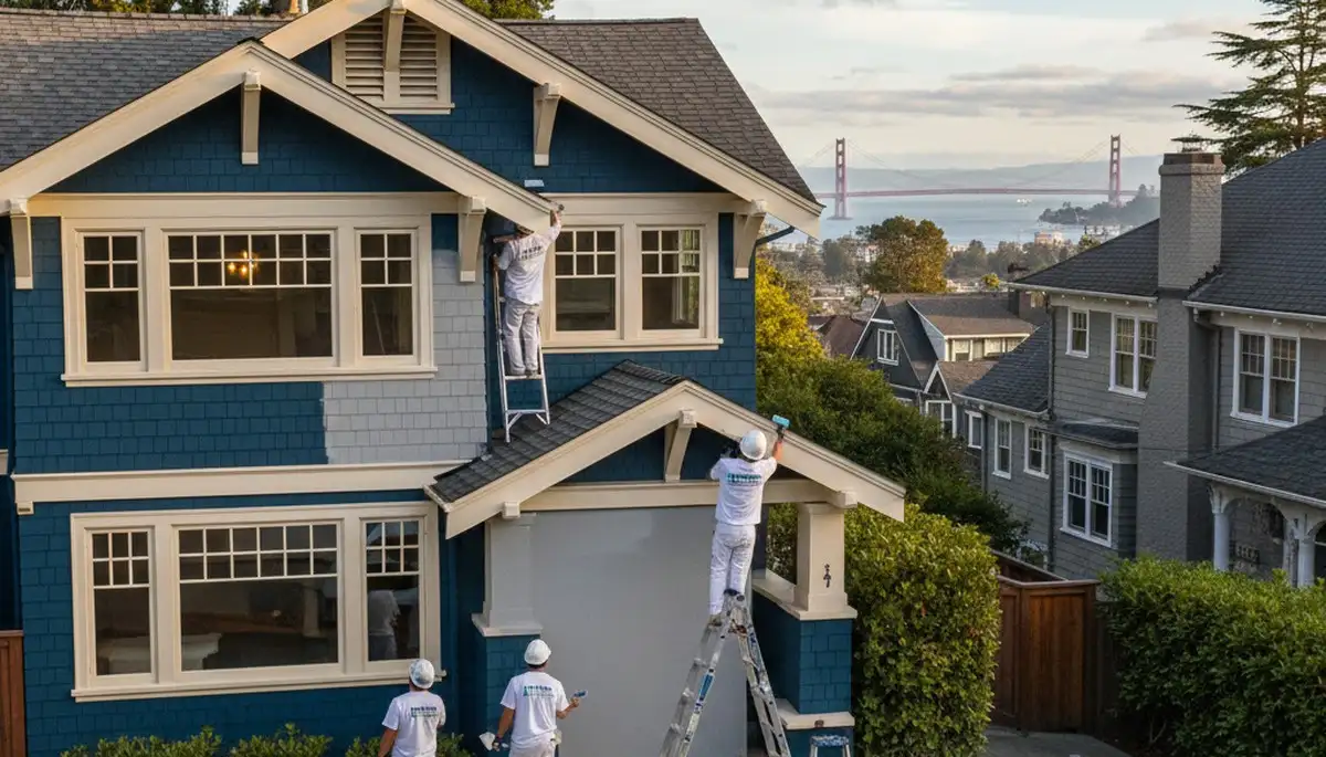 Professional house painters working on residential exterior in San Francisco, CA