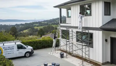 San Francisco, CA house painter applying exterior paint on a residential home