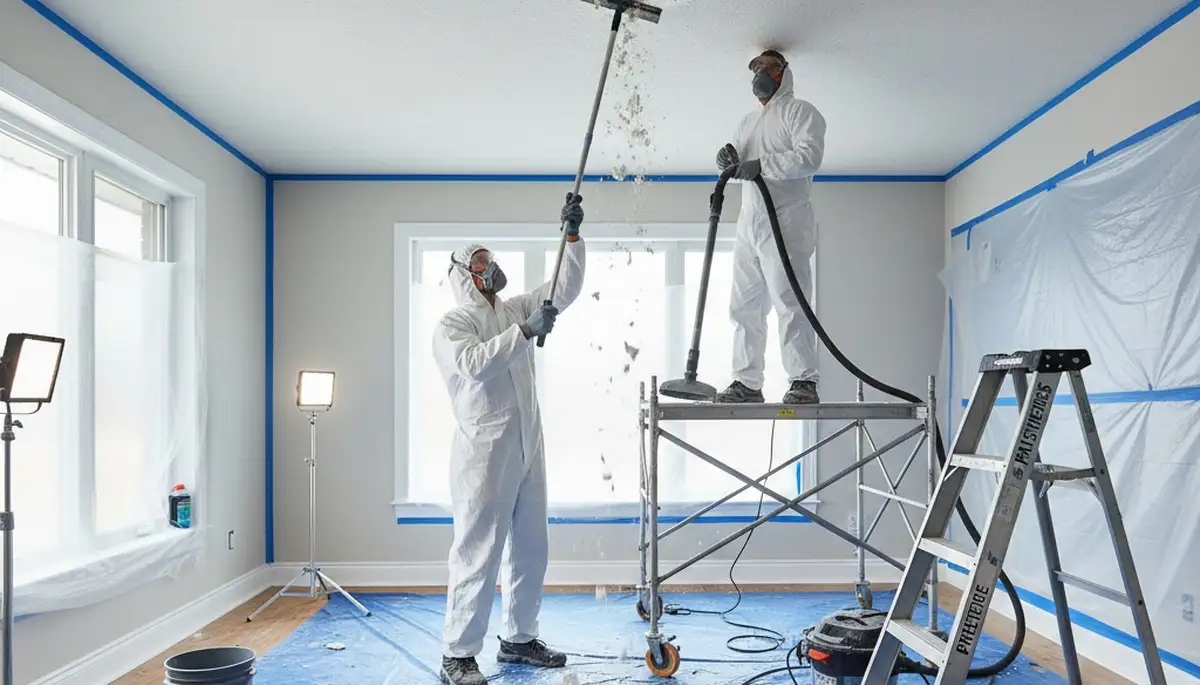 Contractor removing popcorn ceiling in San Francisco CA home during professional ceiling painting service
